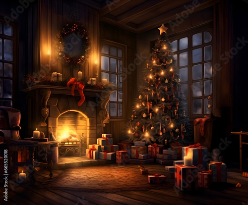 Wallpaper Mural Christmas tree next to fire place Torontodigital.ca