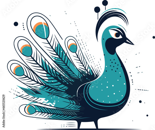 Peacock with feathers. Vector illustration in a flat style.