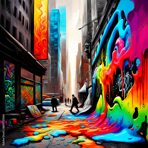New York City street with colorful graffiti and people. Illustration. street art