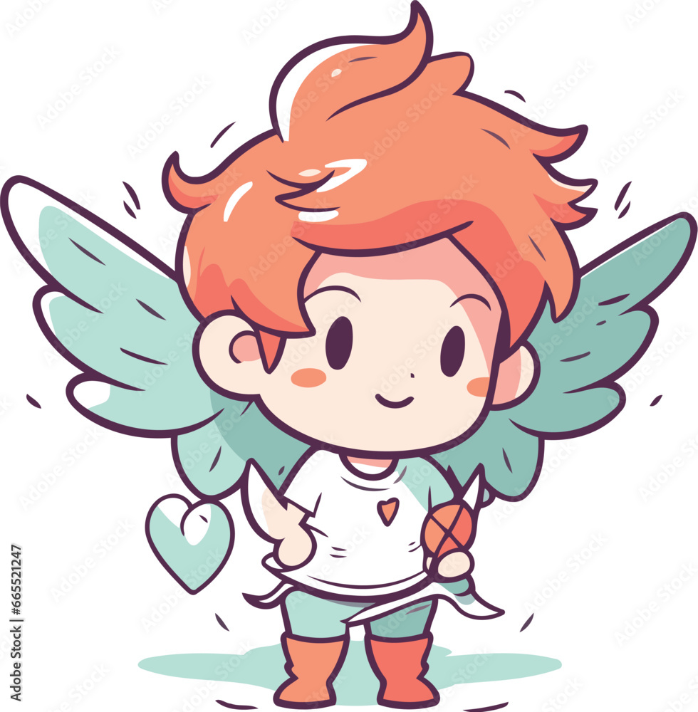 Cute little cupid with wings and heart. Vector illustration.
