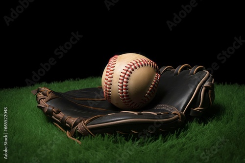 Baseball glove with playing ball. Baseball pitcher game equipment on green grass. Generate ai