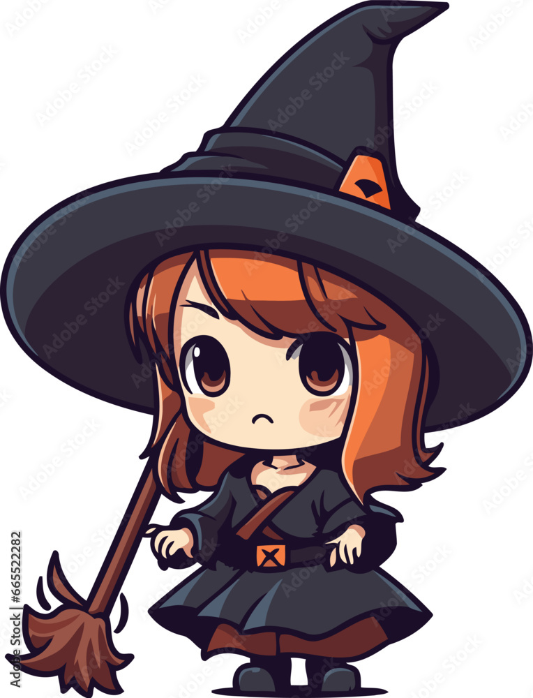 Cute little witch girl with a broom. Vector cartoon illustration.
