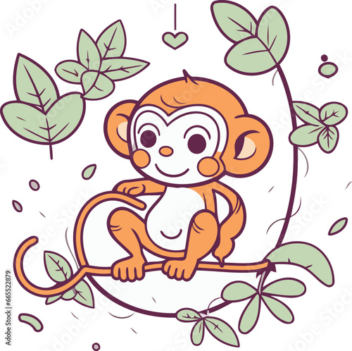 Cute cartoon monkey sitting on a branch with leaves. Vector illustration.