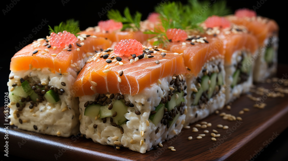 Detailed Sushi Roll on a Square Black Plate Detailed Sushi Roll on a Square Black Plate