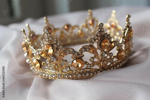 Beautiful gold tiara with gems. Royalty golden majestic luxury crown on white fabric. Generate ai