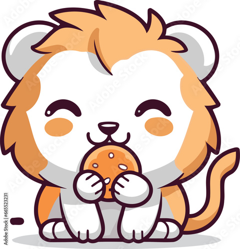 Lion eating mushroom   Cute animal cartoon mascot vector illustration.