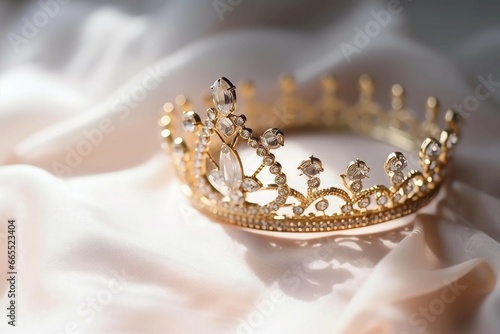 Luxury gold tiara with diamonds. Imperial elegant gorgeous shiny crown on silk white fabric. Generate ai