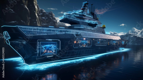 3d image of military boat with a hologram technology screen background