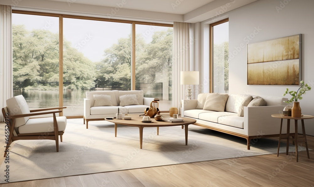 Modern living room showcasing mid-century design with a white sofa complemented by brown leather armchairs Modern living room showcasing mid-century design with a white sofa complemented by brown leather armchairs