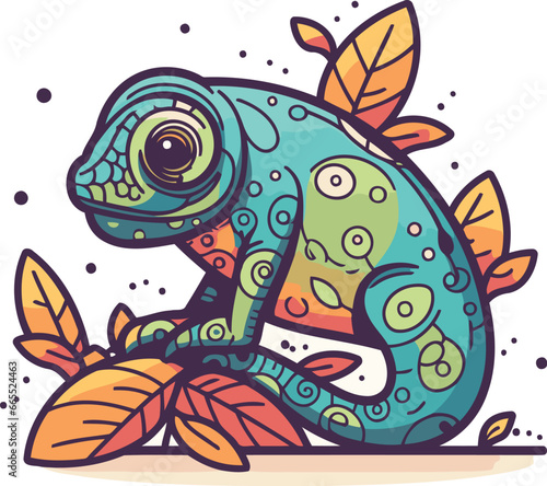 Cute cartoon chameleon sitting on leaves. Vector illustration.