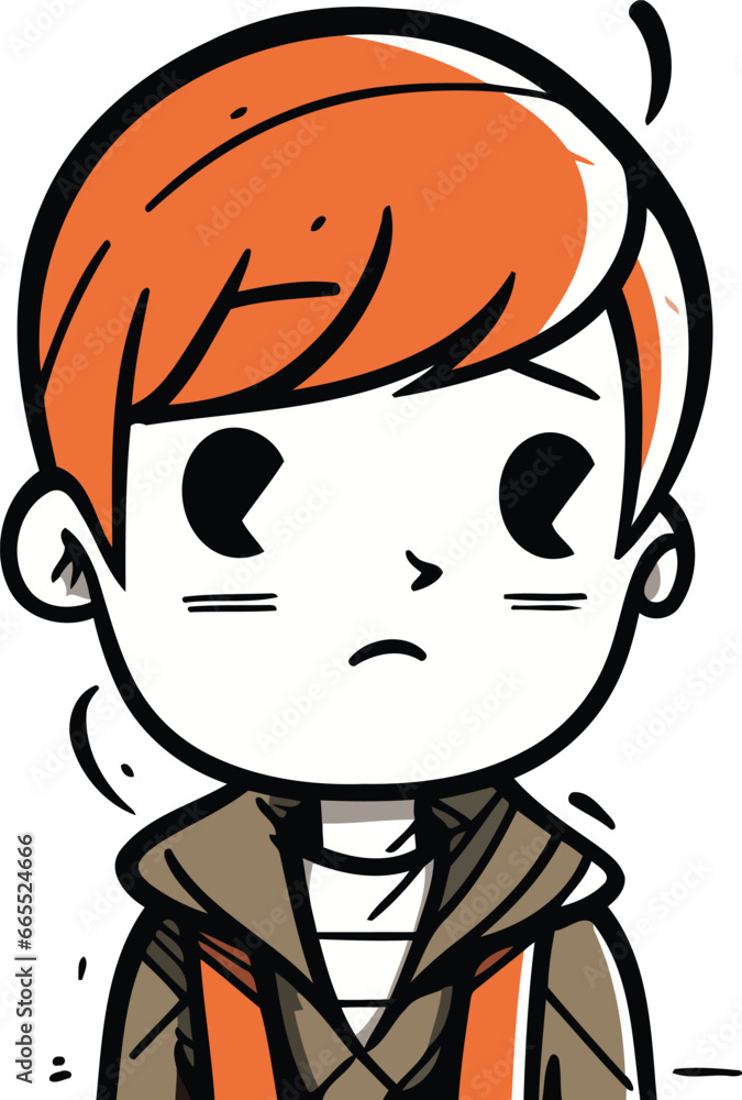Cute cartoon boy with sad expression. Vector clip art illustration.