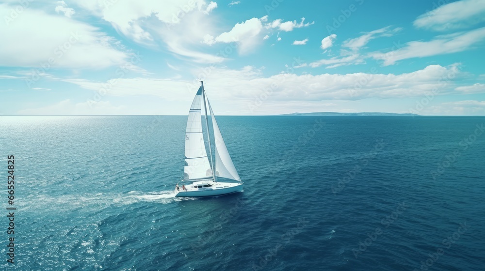 A breathtaking perspective of a yacht gracefully sailing in the open sea on a windy day, captured from a drone's bird's eye view. The image is enhanced with vivid color processing