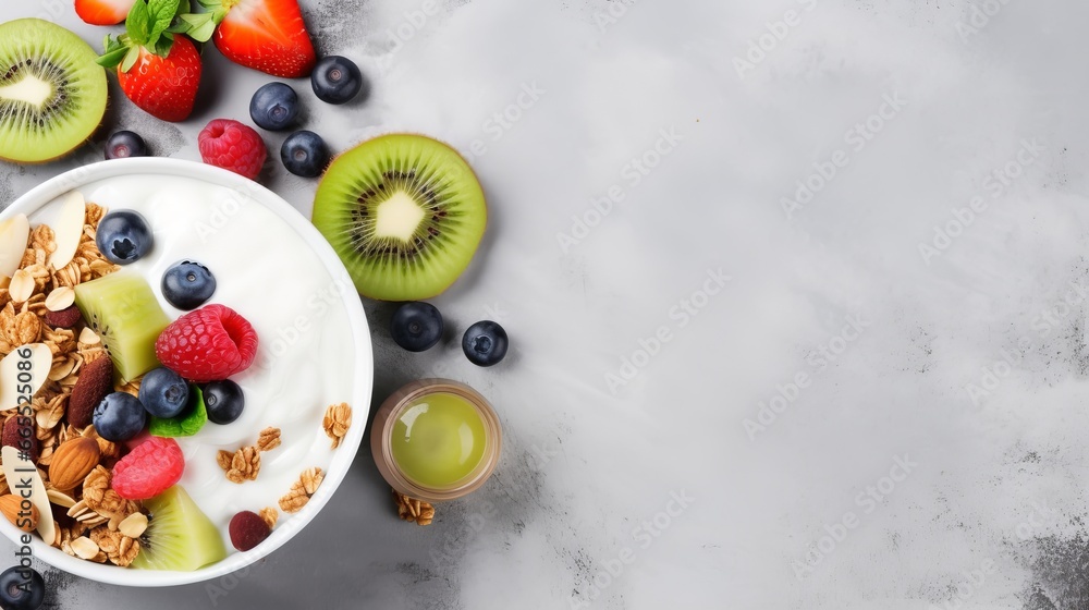 A top-down view of a delectable homemade granola dish filled with a variety of nuts and raisins, along with fresh kiwi, blueberries, banana, strawberries, and a dollop of plain yogurt A top-down view of a delectable homemade granola dish filled with a variety of nuts and raisins, along with fresh kiwi, blueberries, banana, strawberries, and a dollop of plain yogurt