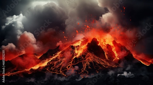 Intense lava and molten rock spewing from the volcano's crater, accompanied by dark smoke billowing into the sky. Cumbre Vieja volcanic eruption