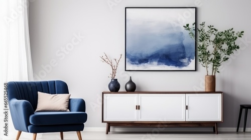 A stylish living room interior in modern home decor is showcased with mock-up poster frames, a navy blue commode, books, decorations, and elegant personal accessories photo