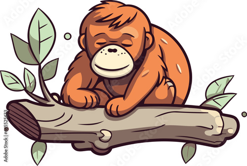 Vector illustration of a cute cartoon orangutan sitting on a log.