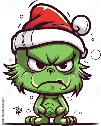 Angry cartoon monster in Santa Claus hat. Vector illustration on white background.