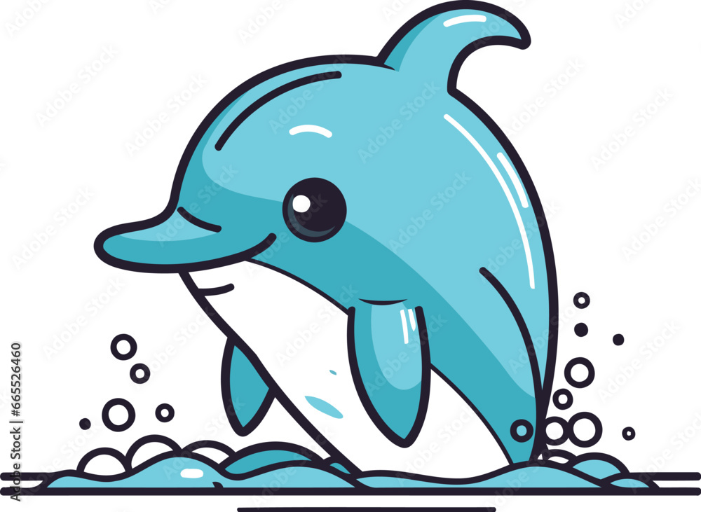 Cute cartoon dolphin jumping out of the water. Vector illustration. Cute cartoon dolphin jumping out of the water. Vector illustration.