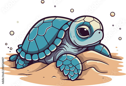 Cute cartoon turtle on the sand. Vector illustration isolated on white background.