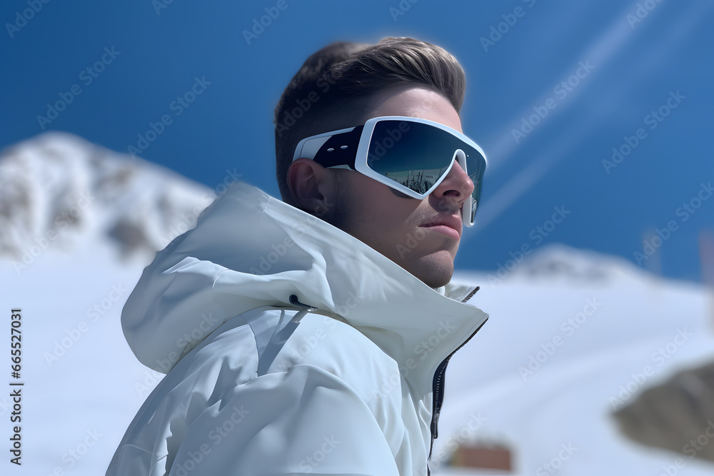 Man in a ski suit and sunglasses against the backdrop of snow-capped mountains Man in a ski suit and sunglasses against the backdrop of snow-capped mountains