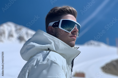 Man in a ski suit and sunglasses against the backdrop of snow-capped mountains
