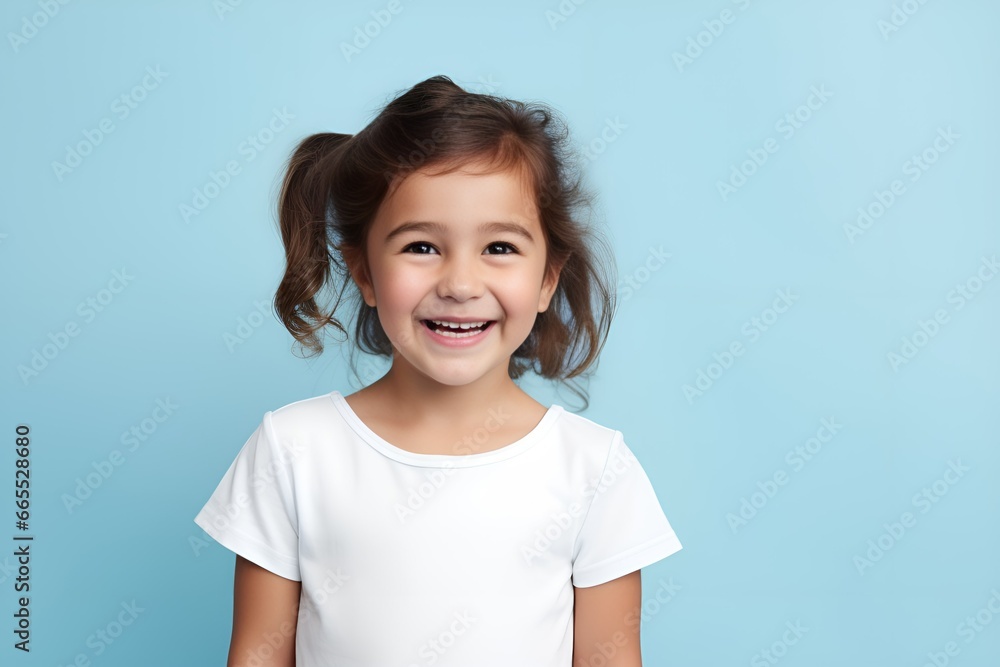 Portrait of a Cute and Innocent Fictional Little Girl Smiling. Joyful Facial Expression, Isolated on a Plain Colored Background. Generative AI. Portrait of a Cute and Innocent Fictional Little Girl Smiling. Joyful Facial Expression, Isolated on a Plain Colored Background. Generative AI.