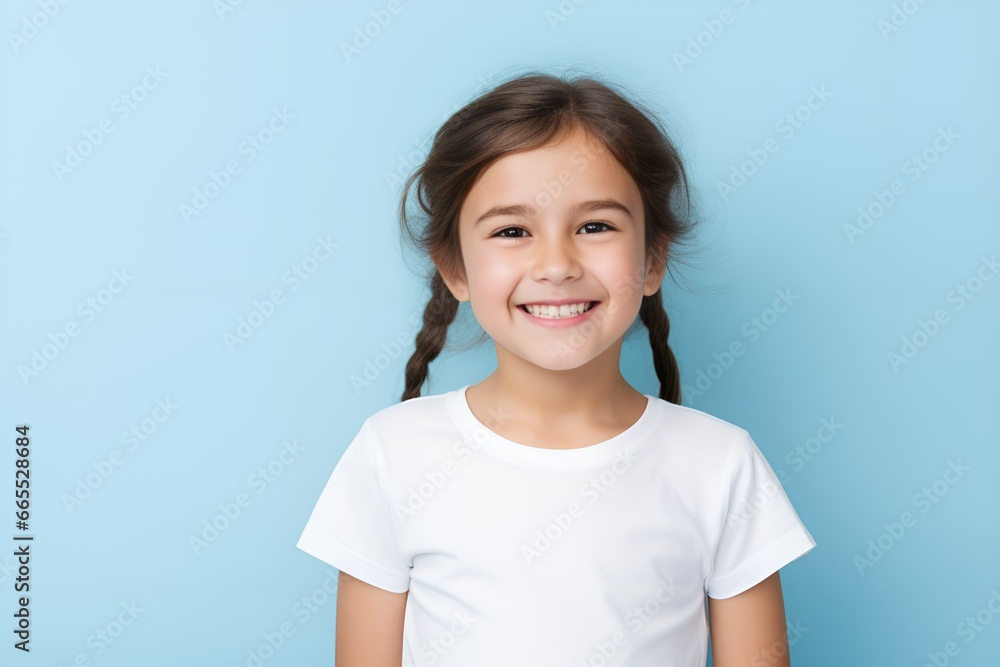 Portrait of a Cute and Innocent Fictional Little Girl Smiling. Joyful Facial Expression, Isolated on a Plain Colored Background. Generative AI. Portrait of a Cute and Innocent Fictional Little Girl Smiling. Joyful Facial Expression, Isolated on a Plain Colored Background. Generative AI.