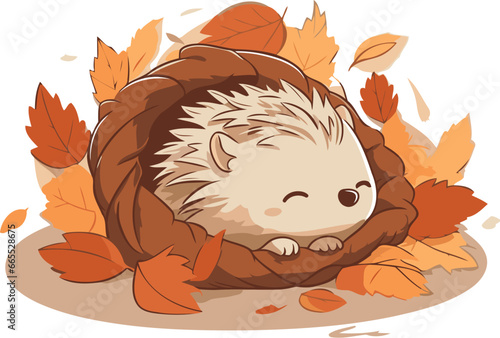 Cute hedgehog sleeping in the autumn leaves. Vector illustration.