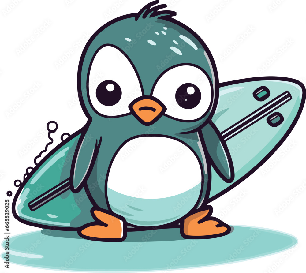 Penguin with surfboard. Cute cartoon vector illustration.