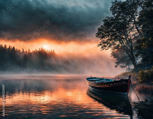 Boat on the lake in the rays of the rising sun