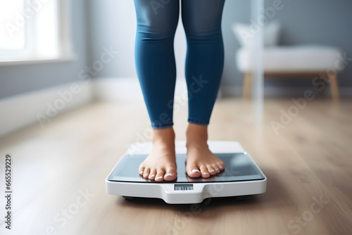 Close up of woman bare feet standing on digital electronic weight scale at home. Diet and overweight concept.