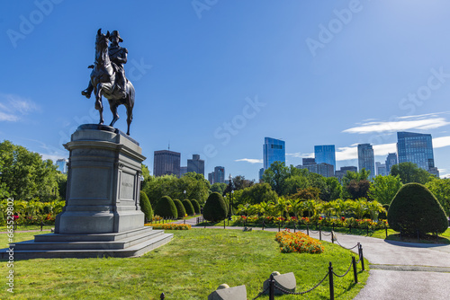 George Washington statue in the Boston Common park with high-rise buildings in the background, Boston, USA