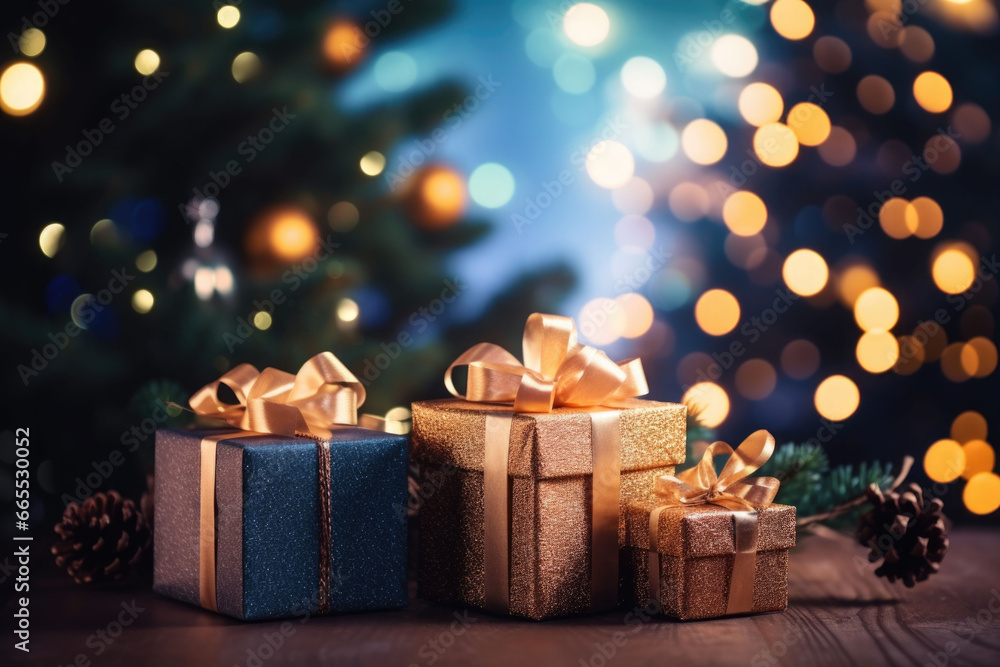 Christmas gift boxes, pine cones and branches on the background of bokeh garlands. Generative AI Christmas gift boxes, pine cones and branches on the background of bokeh garlands. Generative AI