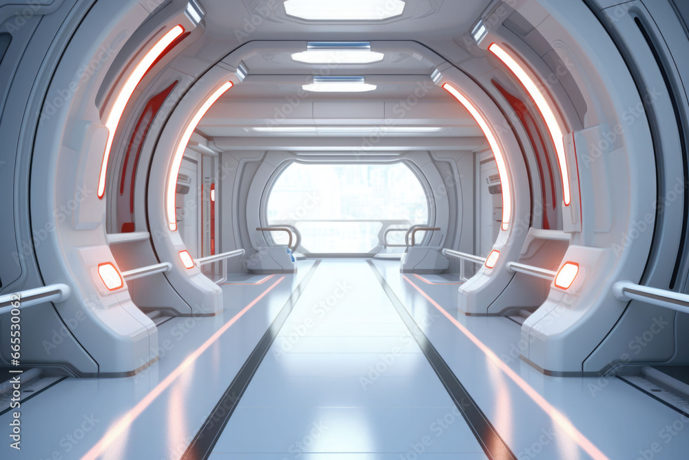 A hallway in a futuristic spaceship. Corridor inside space station. Generative AI A hallway in a futuristic spaceship. Corridor inside space station. Generative AI