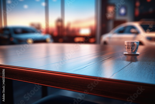 Surface of an empty table with a blurred car in the background . AI generated