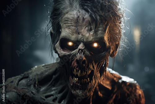 Portrait of a horrible scary zombie man. Horror. Halloween. Generative AI photo