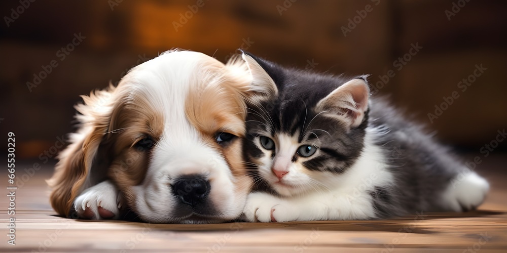Cute puppy and kitten. Love of a dog with a cat