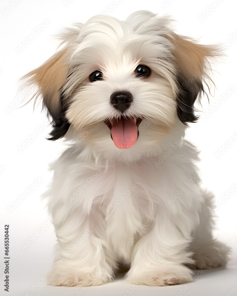Joyful Havanese Puppy Portrait with Silky Coat and Expressive Eyes Isolated against Blank White Background