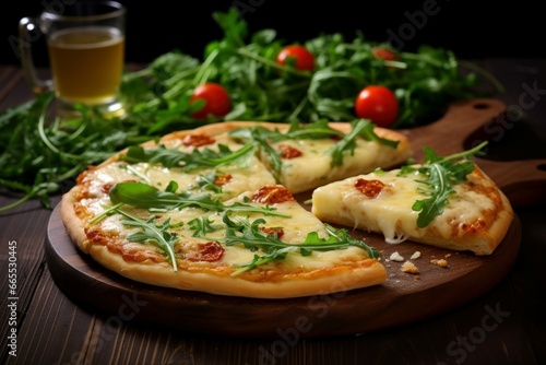 Slice of tasty cheese pizza with arugula and vegetable with tea mug. Italian tomato sauce meal. Generate Ai