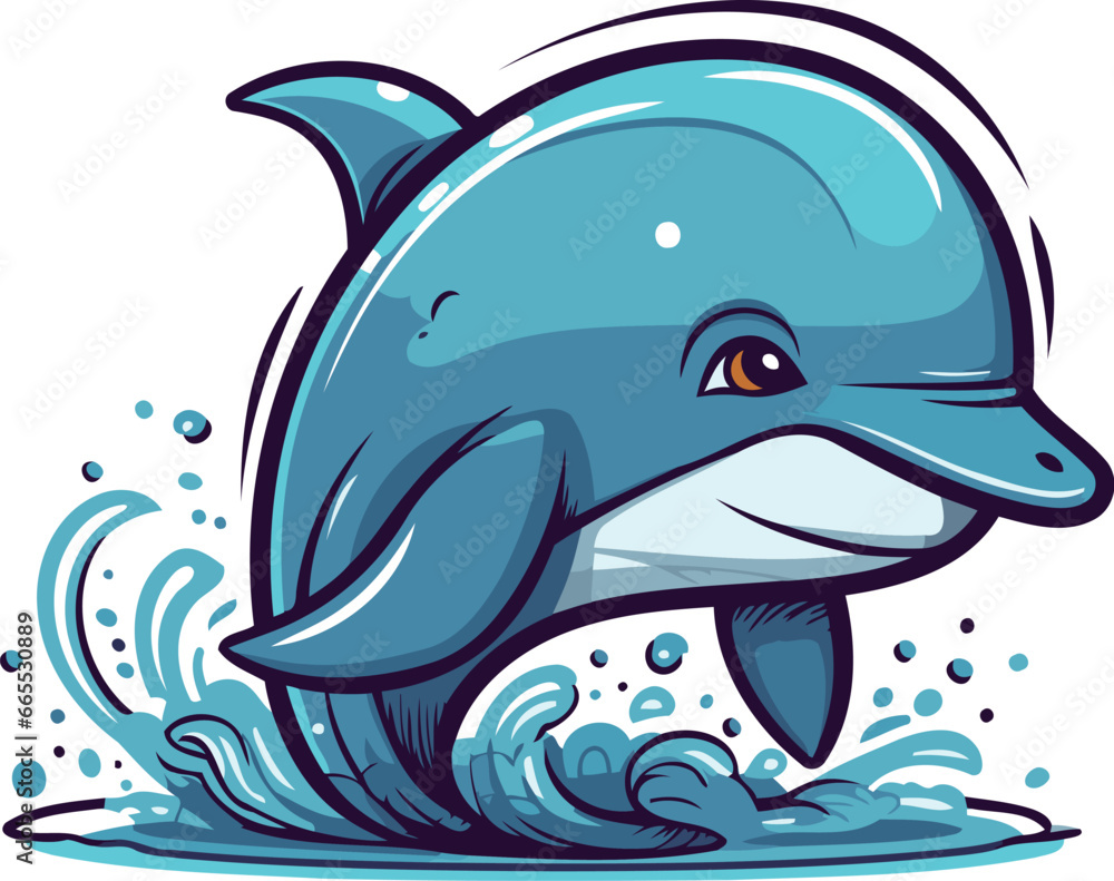 Obraz premium Cute cartoon dolphin swimming in the sea. Vector illustration isolated on white background.