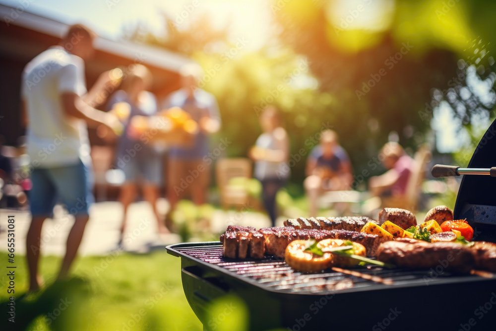 Sunday barbecue scene. Festive outdoors party - obrazy, fototapety, plakaty 