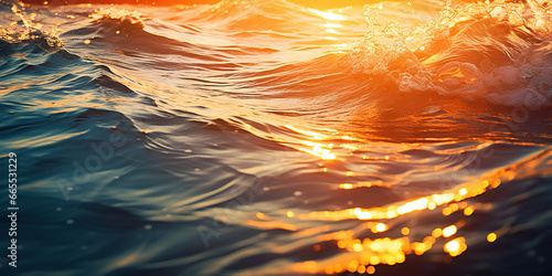 Closeup of the ocean wave. The sea in the light of summer sunset. Travel, vacation concept. Generative AI