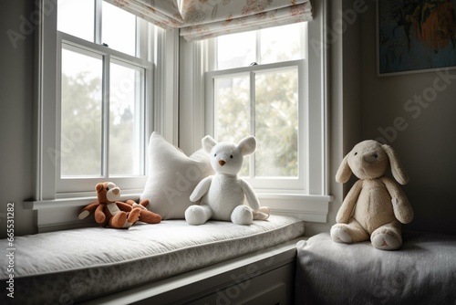 A stuffed bunny perches on a window ledge in a kids' room. Generative AI
