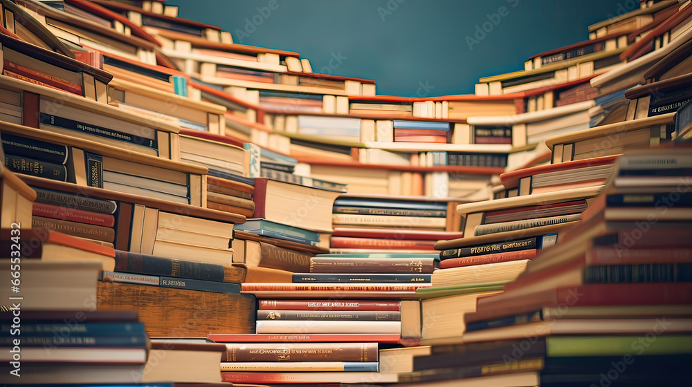 stack of books on shelf - obrazy, fototapety, plakaty 