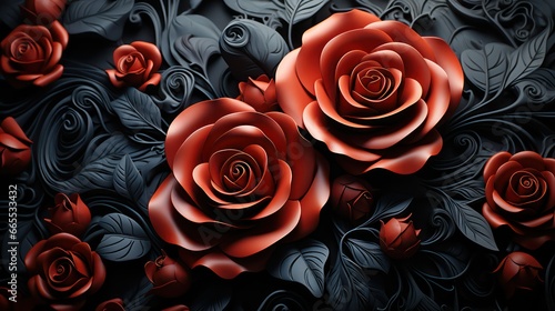 close up of red roses and black flowers