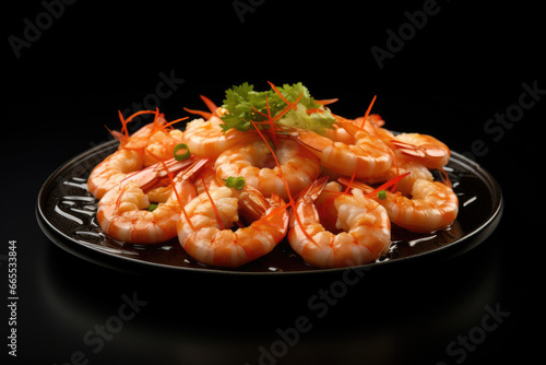 Peeled shrimps dish on a black background