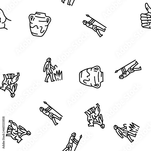 human evolution man caveman vector seamless pattern thin line illustration