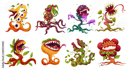 Carnivorous plant set, monster plants. Vector fantasy scary flower icons. Cartoon flytraps or flower predators. Angry flowers with teeth. photo