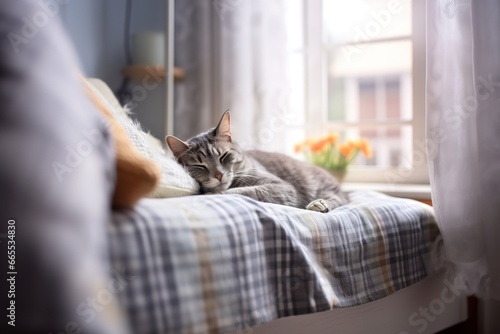 domestic cat pet sleeping on the gray bed in modern scandinavian interior of bedroom with many green house plants, cosy, home interior design. photo