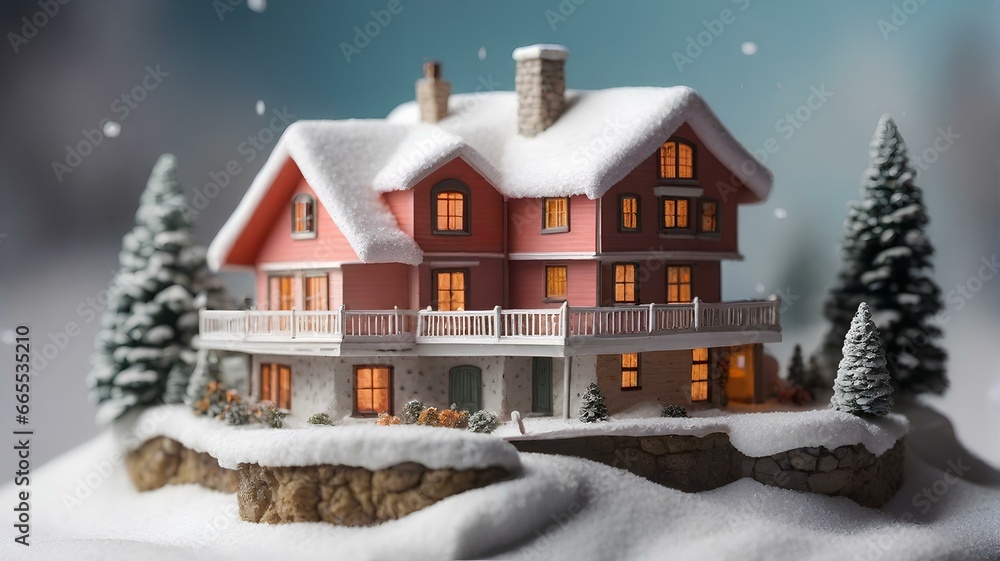 住宅のミニチュア模型に雪が積もる、小さな家のジオラマ、冬のイメージ｜Snow accumulates on a miniature model of a house. Diorama of a small house. winter image. Generative AI